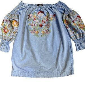 Giocam Sorrento Off the Shoulder Dress with Floral Embroidery. 36” Bust 24” L